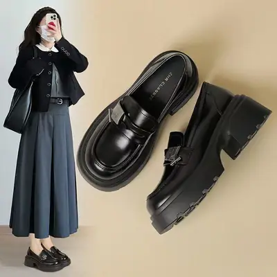 Black Thick Heeled Slip-on Loafers Women's 2025 Spring