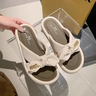 Women's Black Bow Sandals with Thick Sole