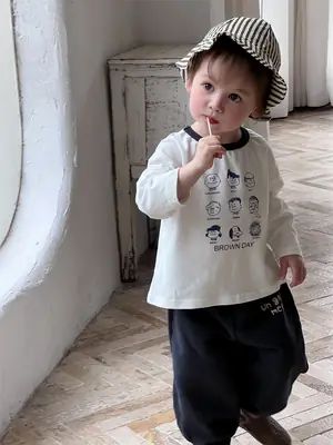 Kids Korean Style Long Sleeve T-Shirt Set Blue Gray