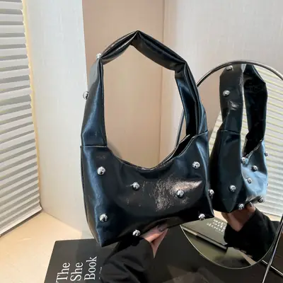 Black Leather Shoulder Crossbody Bag with Pearl Accents