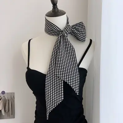 Black Checkered Bow Silk Scarf for Women