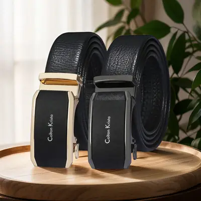 Men's Black Automatic Buckle Belt Real Two-Layer Cowhide