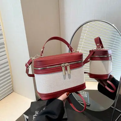 Women Fitted Faux Leather Shoulder Bag Red Beige Zippered