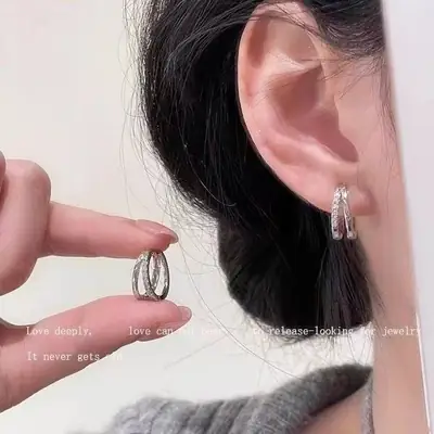 Double Circle Zircon Earrings Silver Elegant Luxury