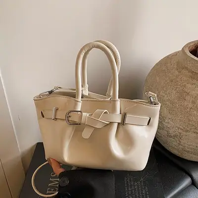 Korean Style Beige Leather Bucket Bag 2025