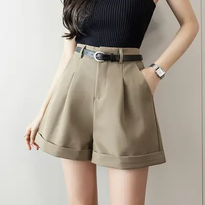 Women Casual Black Belted Shorts High Waist Leggings