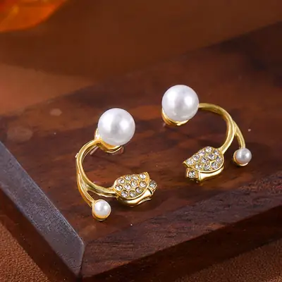 Women's Diamond Tulip Pearl Earrings Gold Plated