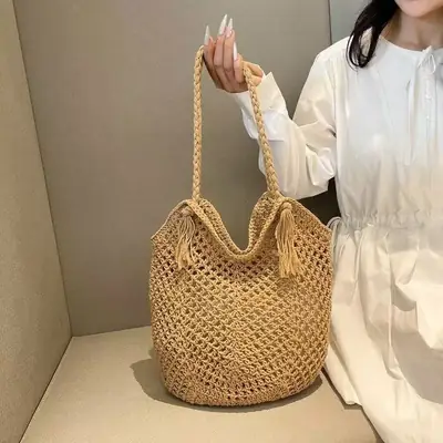 Hand-Woven Cotton Tassel Shoulder Bag for Women