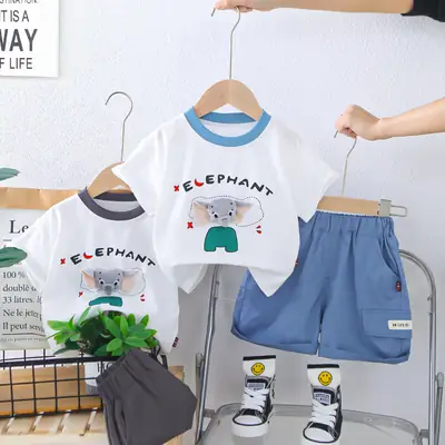Children's Elephant T-Shirt Shorts Set Blue White 3Y