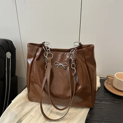 2025 Women's Brown Leather Shoulder Tote Bag with Chain Detail