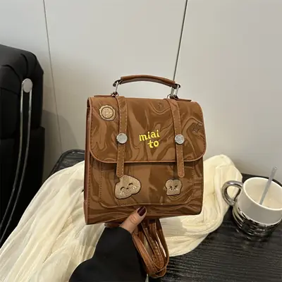 Vintage Textured Student Backpack Brown Embroidered 2025