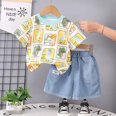 Children Cartoon Print Short Sleeve T-Shirt & Shorts Set