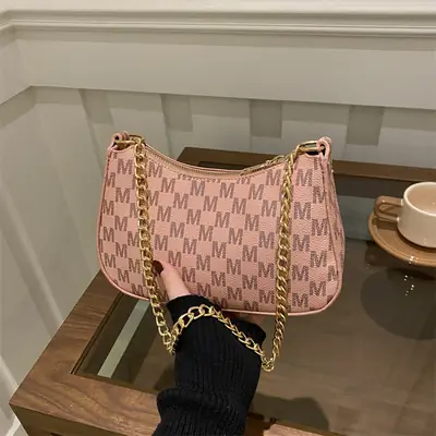 Trendy Women's Pink Monogram Shoulder Bag with Gold Chain