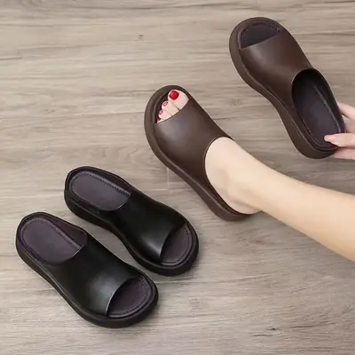 Women Vintage Wedge Slippers Brown Leather 2025