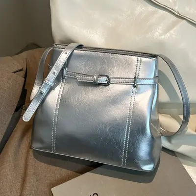 Silver Leather Commuter Bag for Women 2025 Spring Summer
