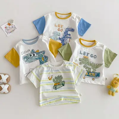 Boys Cartoon T-Shirt 2025 Summer Letter Dinosaur Striped