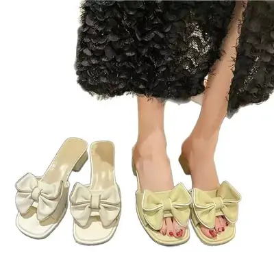 2025 New French Sandals Women's Fashion Trend Mid-heel Thick-heel Half-tow Bow Straight-toe Outwear Square Head
