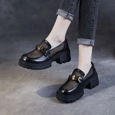 Mesh Thick-soled Loafers Women's 2025 New Women's Shoes Summer British Style Slip-on Shoes Hollow Single-layer Shoes