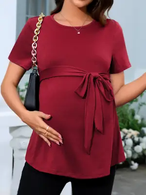 Pregnant Women's Maroon Belted T-Shirt Top