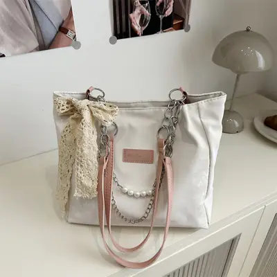 White Korean Style Shoulder Bag with Lace Tassel