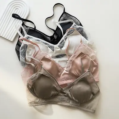 Summer New Style Mulberry Silk Non-steel Ring French Triangle Cup Bra Real Silk Thin Real Silk Underwear Women's Comfortable Bra
