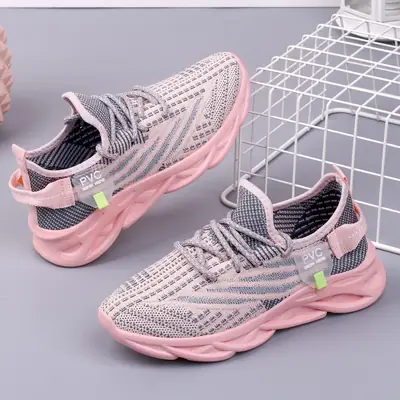 Women Flyknitted Running Shoes Pink Mesh Breathable