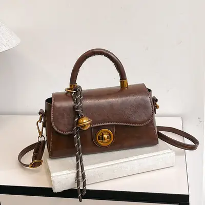 Women's Brown Leather Shoulder Crossbody Bag with Chain Strap