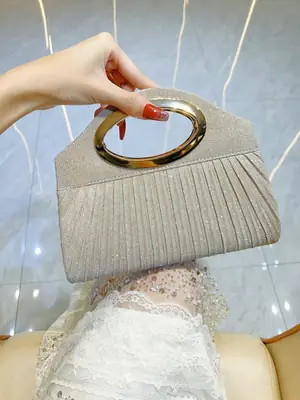 Pleated Cheongsam Bag for Women with Gold Handle