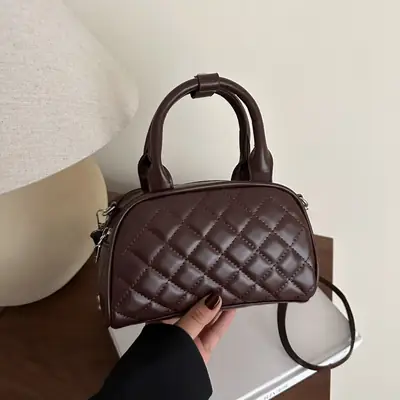 Women's Brown Quilted Shoulder Bag with Detachable Strap