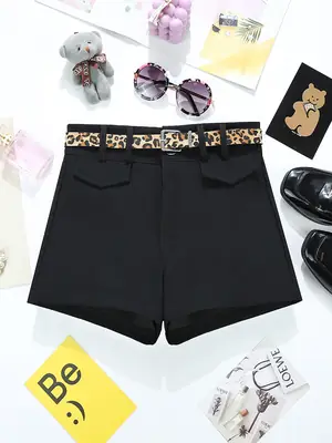 Black Stretchy Hip Wrap Shorts for Women with Belt