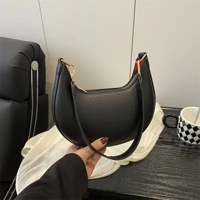 Black French Style Shoulder Bag for Women 2025