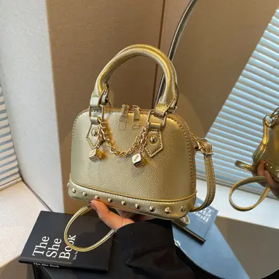 Champagne Gold Shoulder Bag with Chain & Pearl Accents