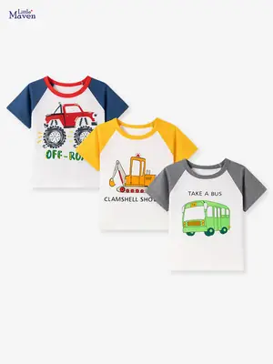 Little Bus Print Boys T-Shirt Grey White