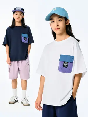 Kids Japanese Style T-Shirt Navy Blue Pocket Short Sleeve