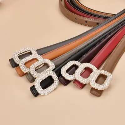 Women Pearl Rhinestone Leather Belt Light Gray All Match