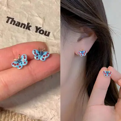 Butterfly Earrings for Girls Blue Red Embroidered