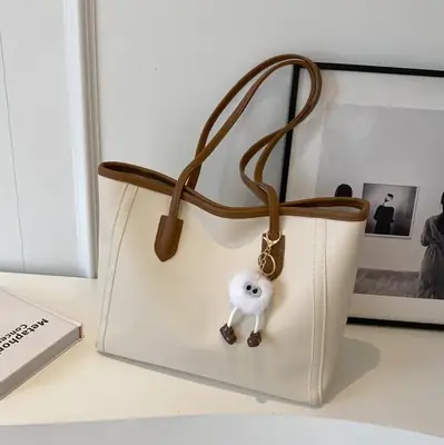 Women's Cream Leather Shoulder Bag with Keychain