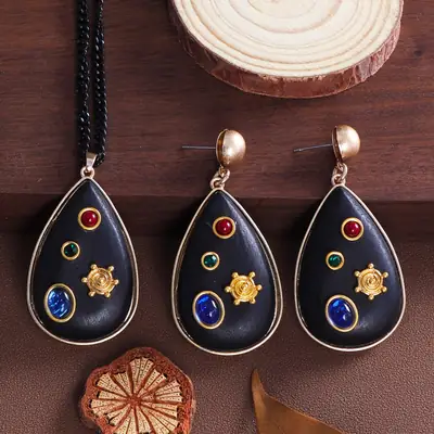 Vintage Drop Jewelry Set Black Gold Women