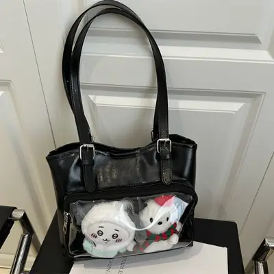 Black Transparent Shoulder Bag with Cute Dolls