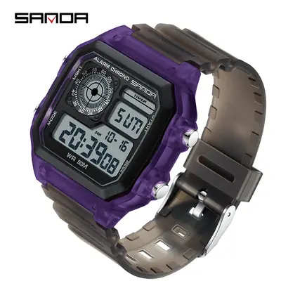 Sanda Square Digital Watch Luminous Waterproof Transparent Sports