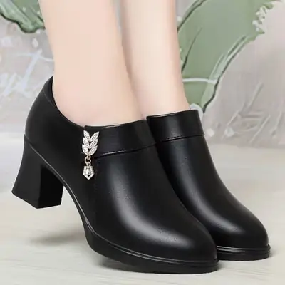 Black Leather Zipper Heel Women's Shoes