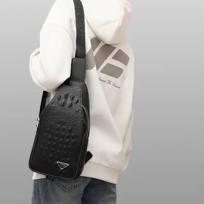Black Leather Crossbody Bag for Men Lightweight Business Commute