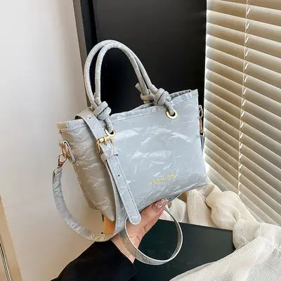 Women's Light Blue Textured Shoulder Bag with Gold Hardware