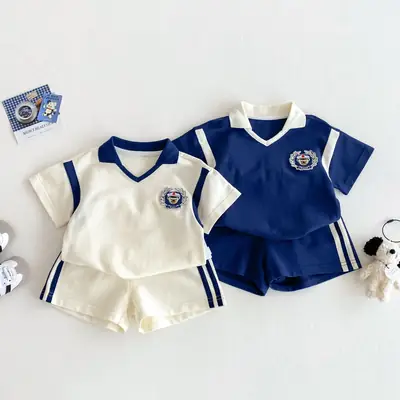 New Boys Summer Sports Suit White Blue Shorts Set