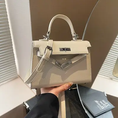 Textured Lock Handbag Women Beige Silver 2025