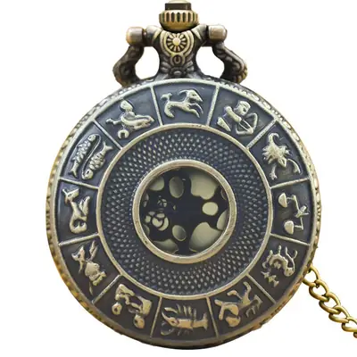 Retro 12 Zodiac Hollow Pocket Watch with Hair Grip