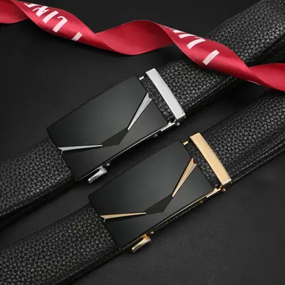 Men's Black Genuine Leather Belt with Gold Buckle