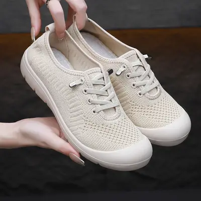 Women's Flying Woven Slip-on Shoes Cream Non-Slip Sole