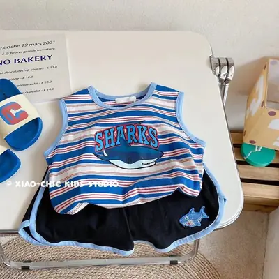 Boys Striped Shark Sleeveless T-Shirt 2025