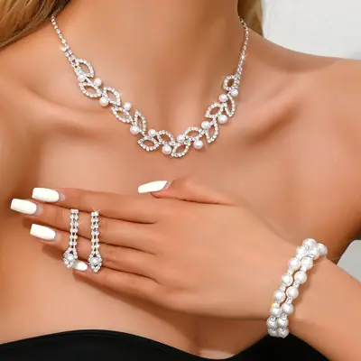 European Rhinestone Full Diamond Necklace Earrings Bracelet Set